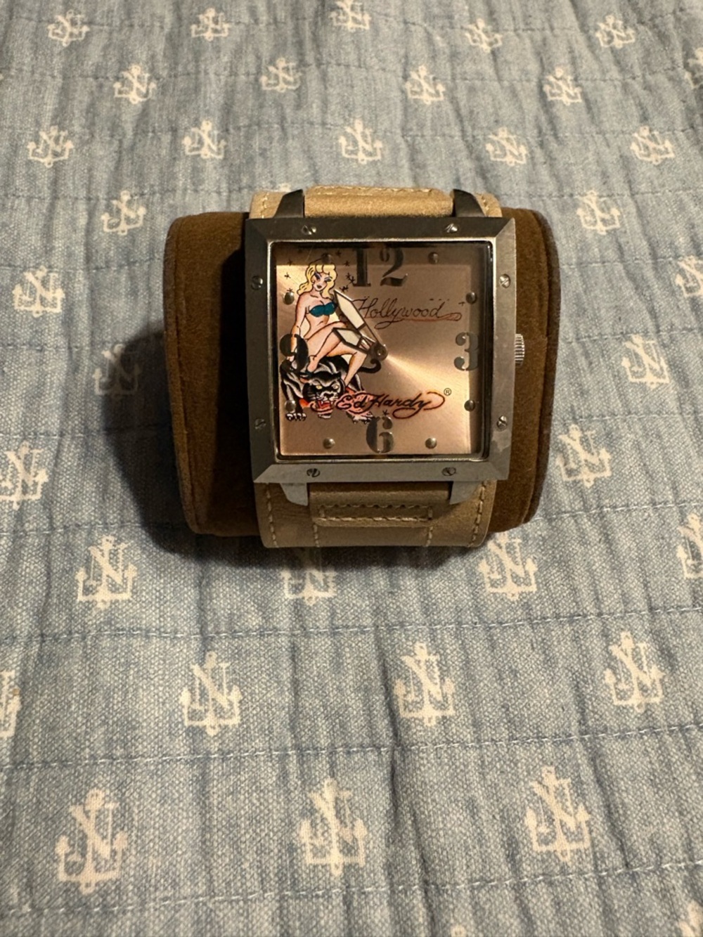 Ed Hardy Beige Leather Strap Watch with Pink Dial and Pinup Graphic